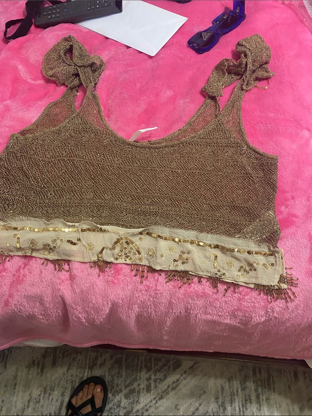 Gold Sequin Trim Knit Crop Tank Top